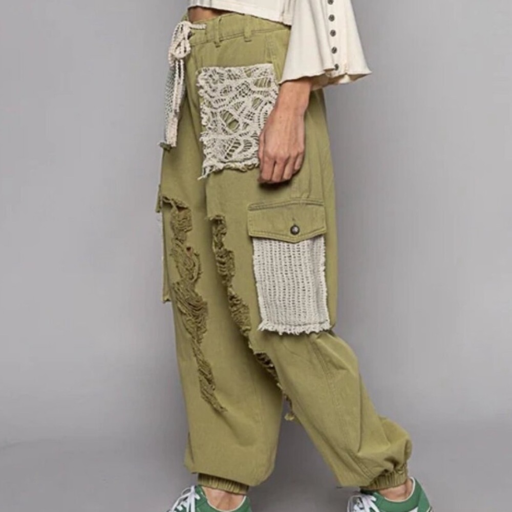 POL Women's Green Distressed Crochet Pocket Baggy Boho Jogger Pant Size - Picture 4 of 10